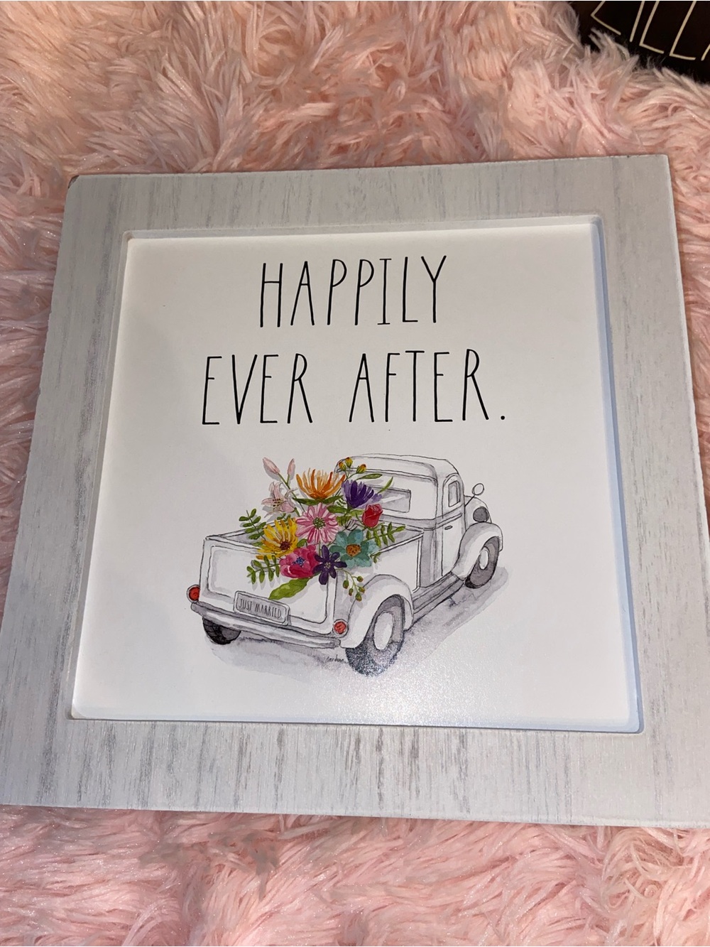 Rae Dunn Happily Ever After Vintage Truck Wooden Block Sign Decor White
